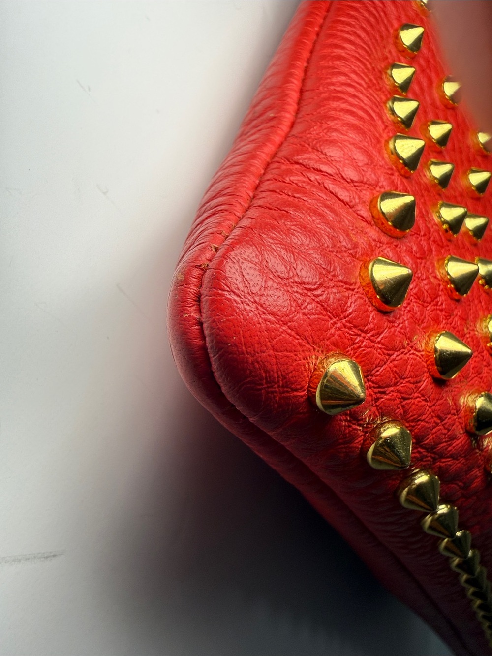 MCM Studded Crossbody / Wristlet– Red Pebbled Leather Gold Studs - Picture 7 of 13